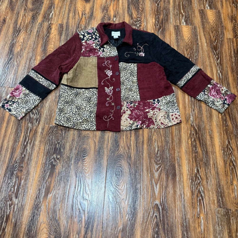 VTG Womens 1X Patchwork Jacket Multi Leopard Floral Embroidered Boho Whimsigoth
